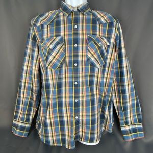 Levis Men's Blue Plaid Pearl Snap Long Sleeve Shirt Size Large